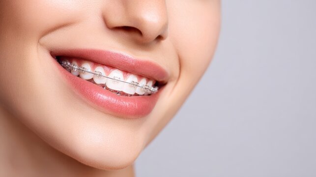 a woman with light braces smiling - close-up dental concept