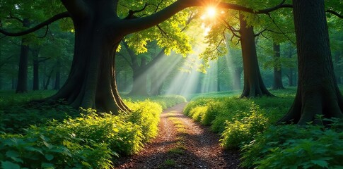 Sun-dappled path winds through a lush, untamed forest, ancient trees casting long shadows Discover the raw beauty and mystery of nature's untamed heart , quiet, ecosystem, nature