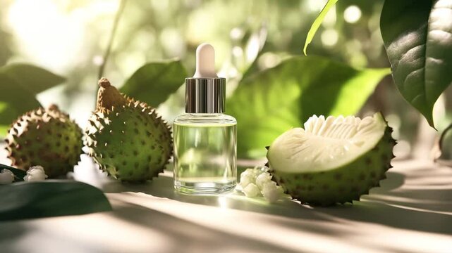 A bottle of oil is on a table next to a piece of fruit. The bottle is clear and has a silver cap. The fruit is a green, spiky fruit that looks like a pineapple. The scene is simple and peaceful