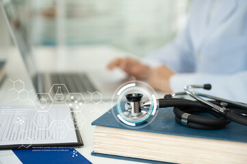 Medical technology or telehealth or telemedicine concept. Medicine Doctor or Physician are Health Check with digital system support for patient with medical icon.

