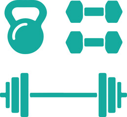 Kettlebell Dumbbells and Barbell Aqua Icon Set on Transparent Background