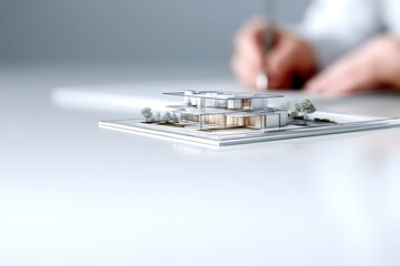 In a sleek office environment, a real estate agent interacts with a holographic 3D render model, showcasing futuristic architectural designs. The blurred background lends an air of sophistication to