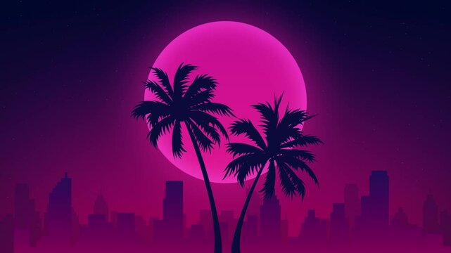 Two palm trees stand silhouetted before a glowing neon pink sun setting over a futuristic city skyline in a retro synthwave style. - Powered by Adobe