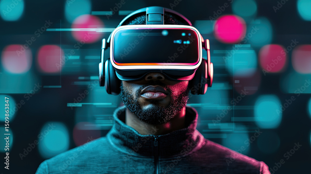 Poster person wearing vr headset is immersed in virtual environment with colorful lights and digital effect