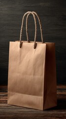 Brown Paper Bag Mockup on Dark Wood Background. High quality