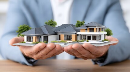 A real estate agent stands amidst holographic 3D render models in a contemporary office environment, embodying the intersection of tradition and innovation in the property market. The blurred