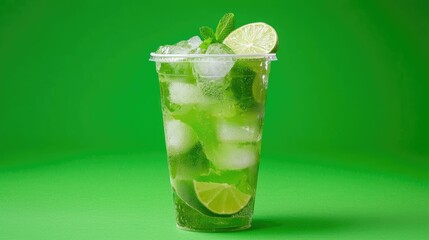 Refreshing Lime Mojito Cocktail with Ice and Mint on Bright Green Background