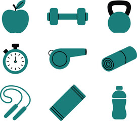 Obraz premium Gym Equipment Icon Set Apple, Dumbbell, Kettlebell, Bottle on Transparent