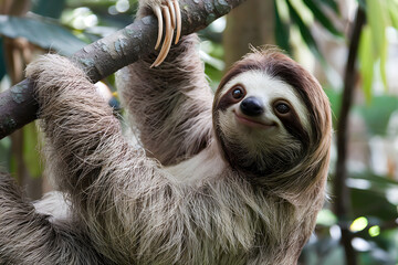 Adorable Sloth Hanging from a Tree Branch