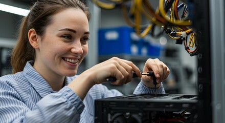 Smiling Female Technician Repairing Computer Hardware; Expert IT Support, Data Center Maintenance, and Technology Solutions