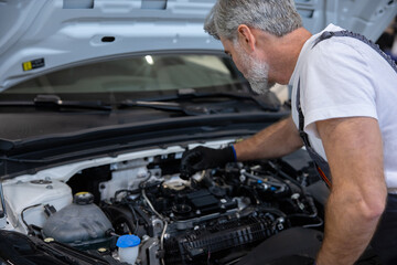 Mechanic checking oil level in engine