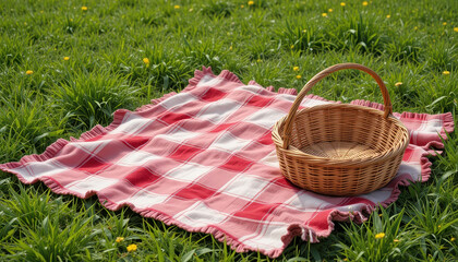Empty Picnic Basket on Red Plaid Blanket in Green Grass with Dandelions, Sunny Day