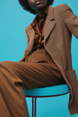 Stylish Black woman in brown outfit sitting against blue background. Fashion concept. 