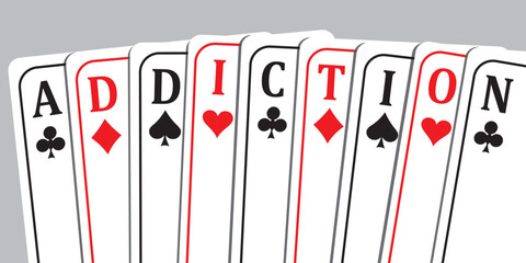 The word Addiction made of playing cards. Gambling dependence conceptual poster. Horizontal banner. Problem of addiction to gambling and online casino.
