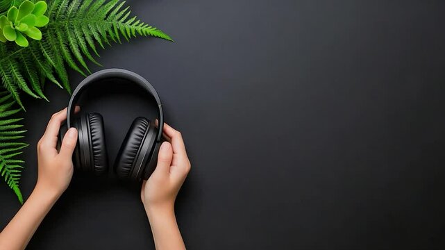 Hands holding black headphones on dark background with plant copy space