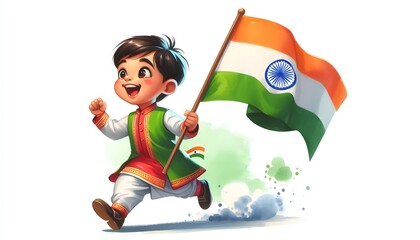 cute illustration of an indian kid wearing traditional attire running joyfully holding an indian flag on a white background.