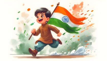 cute illustration of an indian kid wearing traditional attire running joyfully holding an indian flag on a white background.
