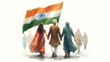 Watercolor illustration of an indian man and woman walking with the indian flag, wearing traditional Indian clothes during Independence Day on a white background with copy space, indian patriotism