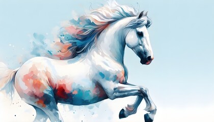 watercolor illustration of a white horse running, symbol of good luck and fortune. Beautiful White horse 