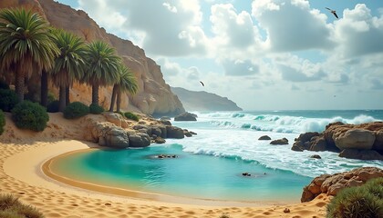 Fototapeta premium Tropical Beach with Palm Trees Rocky Cliffs Turquoise Water and Cloudy Sky