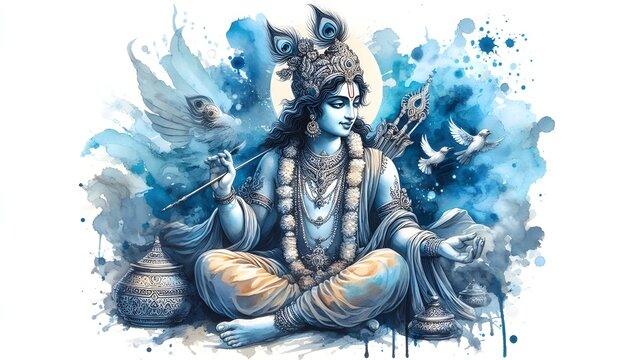 Watercolor portrait of lord krishna