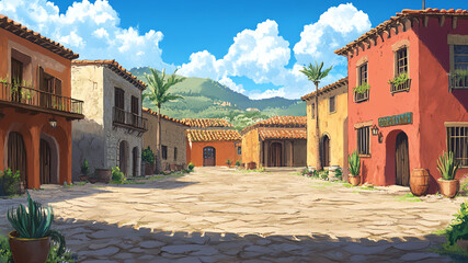 mexican village square with colorful buildings in anime style cartoon background layer