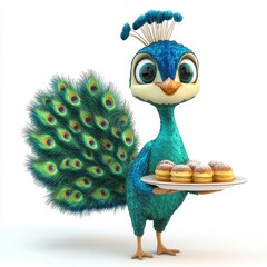 A cartoon bird with a blue and green feathery tail holding a plate of donuts