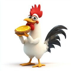 A cartoon chicken holding an orange in its beak