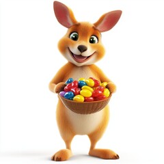 A cartoon rabbit is holding a basket of Easter eggs