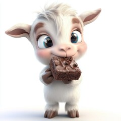 A cute cartoon goat is holding a chocolate bar in its mouth