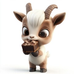 A cute goat is holding a chocolate bar in its mouth
