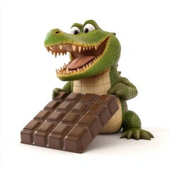A cartoon crocodile is holding a chocolate bar in its mouth