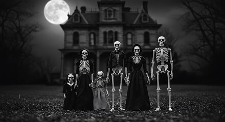 Skeleton family posing before a haunted victorian mansion at night