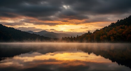 Obraz premium Lake in Cloudy autumn Sunset with Mountain background and maple forest, generated by Ai