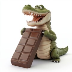 A cartoon crocodile is holding a chocolate bar in its mouth