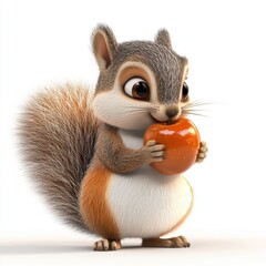 A cute cartoon squirrel holding an apple in its mouth