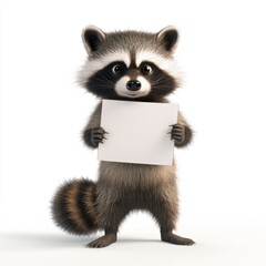 A raccoon is holding a white piece of paper