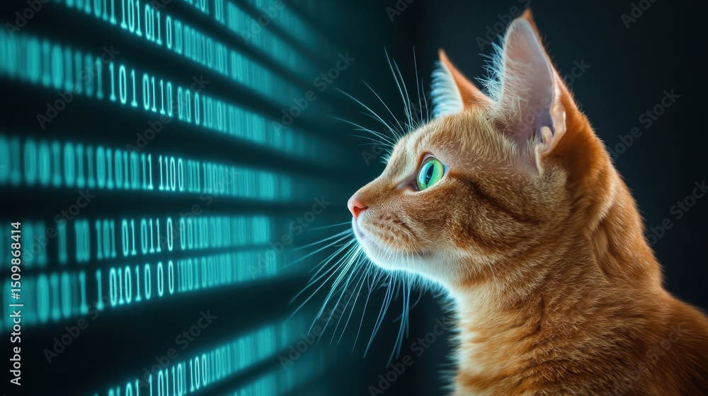 Poster futuristic scene of cat with vivid green eyes gazing into glowing binary code stream