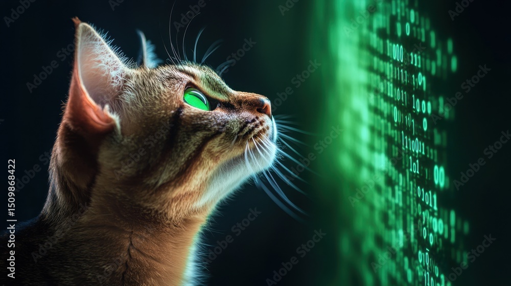 Aufkleber futuristic scene of cat with vivid green eyes gazing into glowing binary code stream
