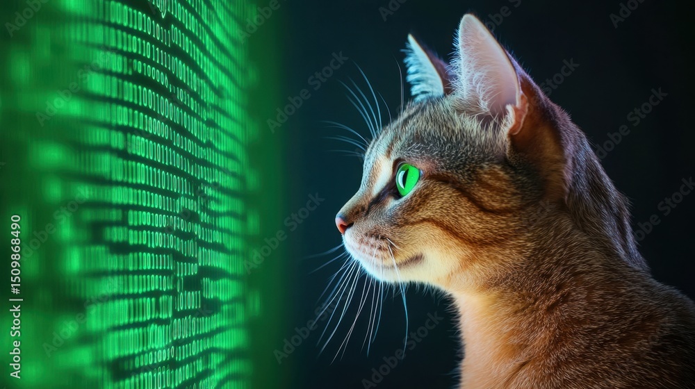 Aufkleber futuristic scene of cat with vivid green eyes gazing into glowing binary code stream