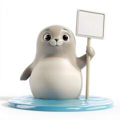 A cute seal holding a sign in front of a blue body of water