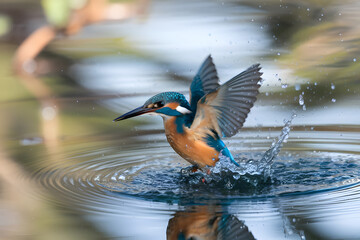 Obraz premium Kingfisher Takes Flight, Splashing Water in Nature