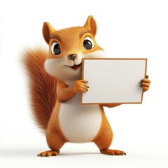 A cute little squirrel holding a white board