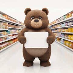 A cartoon bear is holding a white board in a grocery store aisle