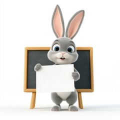 A rabbit is holding a white board with a black chalkboard underneath