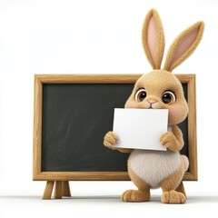 A rabbit is holding a piece of paper in front of a chalkboard