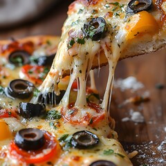Photo of a Slice of Cheesy Pizza with Black Olives, Bell Peppers, and Pepperoni on Wood