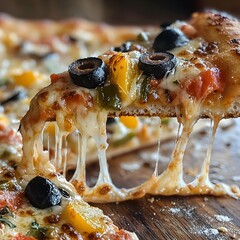 Photo of a Slice of Cheesy Pizza with Black Olives, Bell Peppers, and Pepperoni on Wood