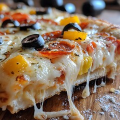 Photo of a Slice of Cheesy Pizza with Black Olives, Bell Peppers, and Pepperoni on Wood