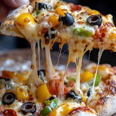 Photo of a Slice of Cheesy Pizza with Black Olives, Bell Peppers, and Pepperoni on Wood